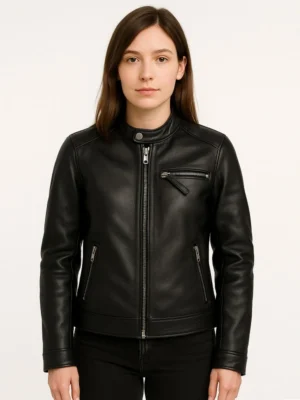 Snap Tab Collar Black Leather Jacket for Women