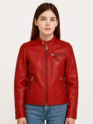 Women Round Neck Collar Red Leather Jacket