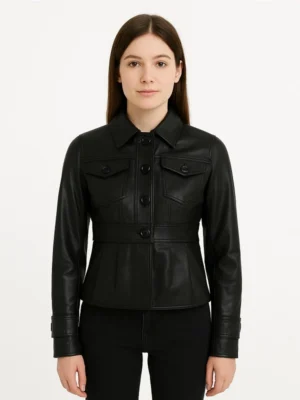 Women Shirt Collar Black Leather Jacket