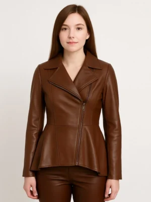 Womens Asymmetrical Peplum Brown Leather Jacket